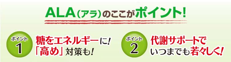 ALAの（アラ）ここがポイント! ポイント1 糖をエネルギーに! 「高め」もスッキリ! ポイント2 代謝サポートでいつまでも若々しく!