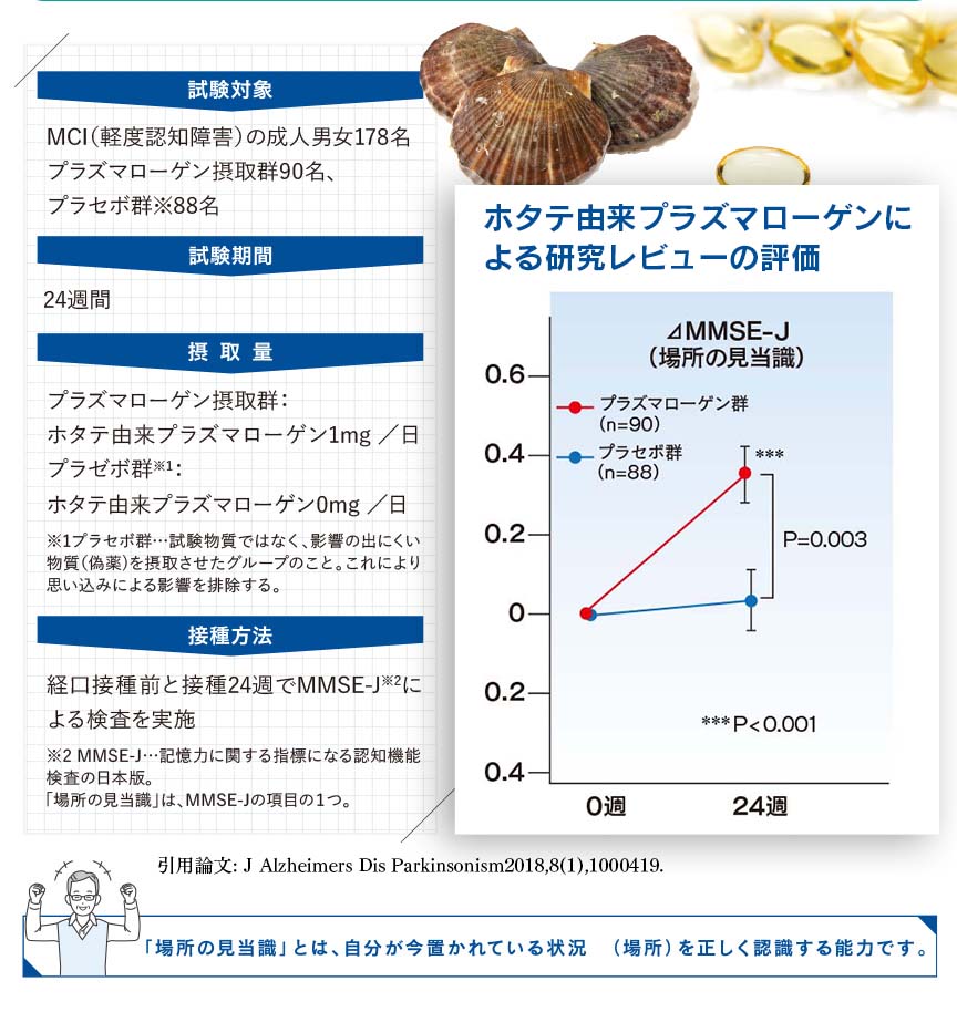 ホタテ由来プラズマローゲンには、
認知機能の一部である『記憶力』を維持する
機能があると報告されています。
