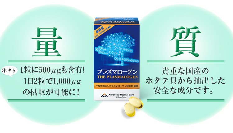 圧倒的含有量！プラズマローゲンを1000ug含有 貴重な国産のホタテ貝から抽出した安全な成分です。